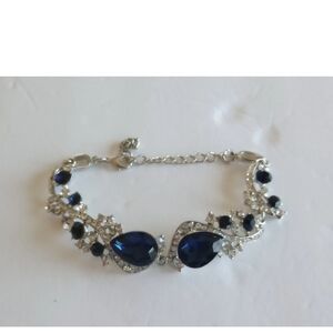 Blue Rhinestone Silver Tone Costume Jewelry Bracelet